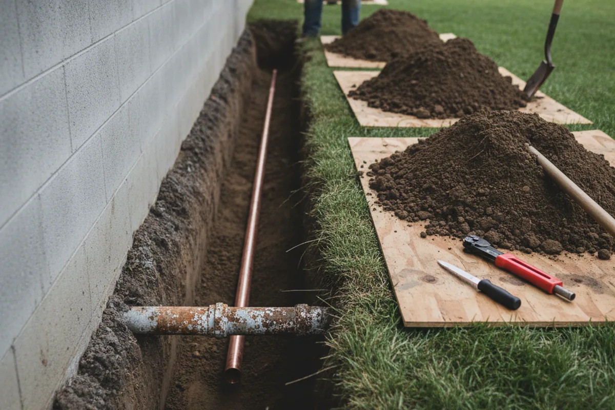 Excavated water line trench during Water Softener Installation in Joliet